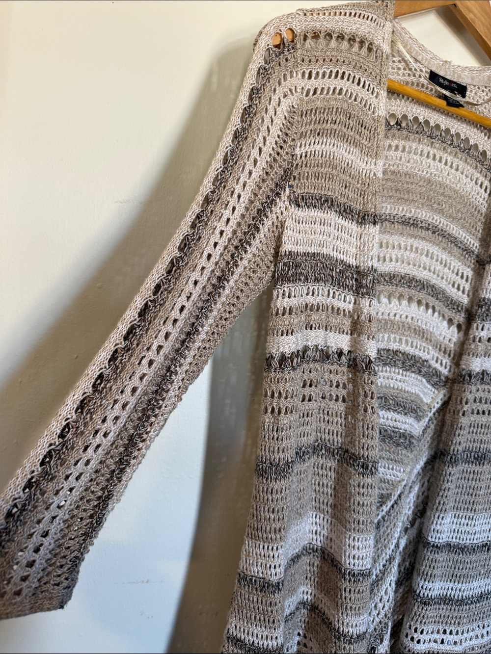 Style & Co Tan Multi Stripe Crochet Open Front Cardigan Medium Womens Pointelle - Picture 6 of 11